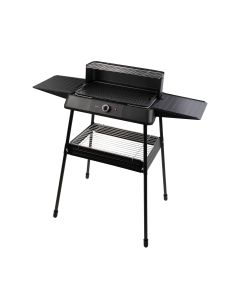Barbacoa eléctrica JATA JEBQ1002 con 2 opciones de cocinado: sobremesa o con patas. 400 x 240 mm. Desmontable. Panel cortaviento con rejilla superior. Soportes laterales para zona de trabajo